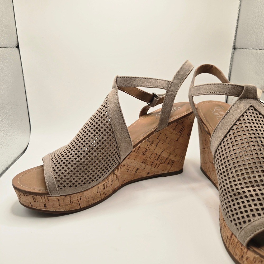 Franco Sarto Wedge heel Women 11M Taupe Good Perforated Cork Heel 5 inch Strappy - Picture 11 of 11